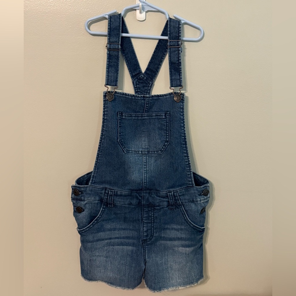 Cherokee Girl’s XL 14 16 Blue Jean Denim Fringe Shorts Overalls Adjustable Youth